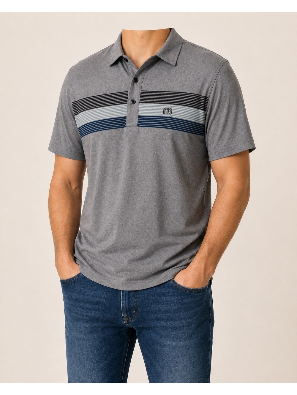 Travis Mathew Men's Large Gray Blue Stripe Golf Polo Shirt Short Sleeve